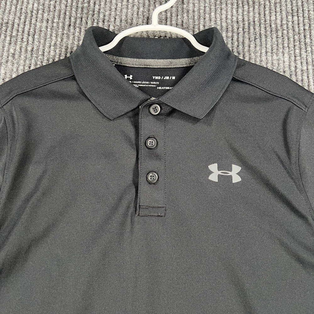 Under Armour Polo Shirt Boys Medium Black Short Sleeve Loose Fit Heat Gear - Picture 4 of 13